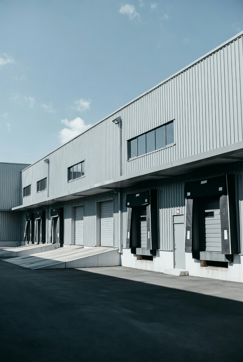 Moderne lagerbygning i metal med flere læsseramper og porte, velegnet til logistik, distribution og erhvervsudlejning.